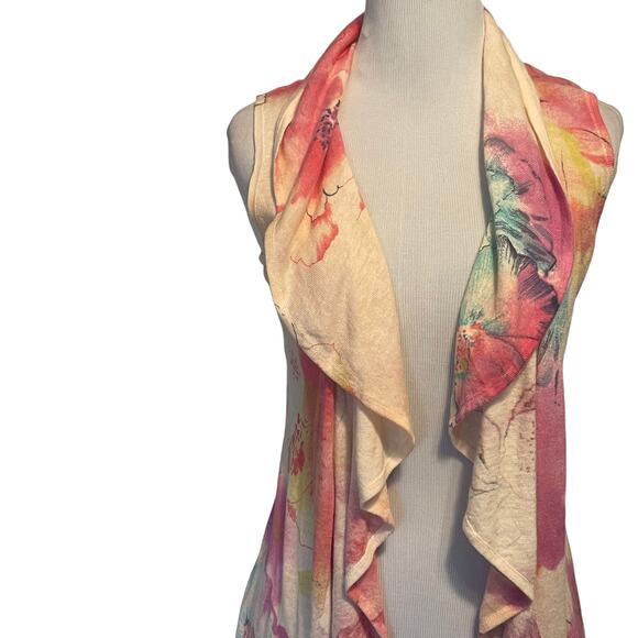 Sparrow Open Ruffled Vest Womens XS Cream Multicolor Floral Linen Cotton Topper - Picture 2 of 7